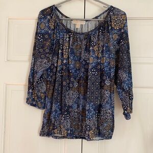 Michael by Michael Kors Paisley Top Navy Blue Gold Pattern Three Quarter Sleeves